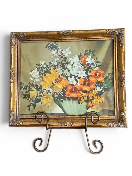 Vintage Other - Mid Century Floral Still Life Print in Gold Wood Frame with Easel